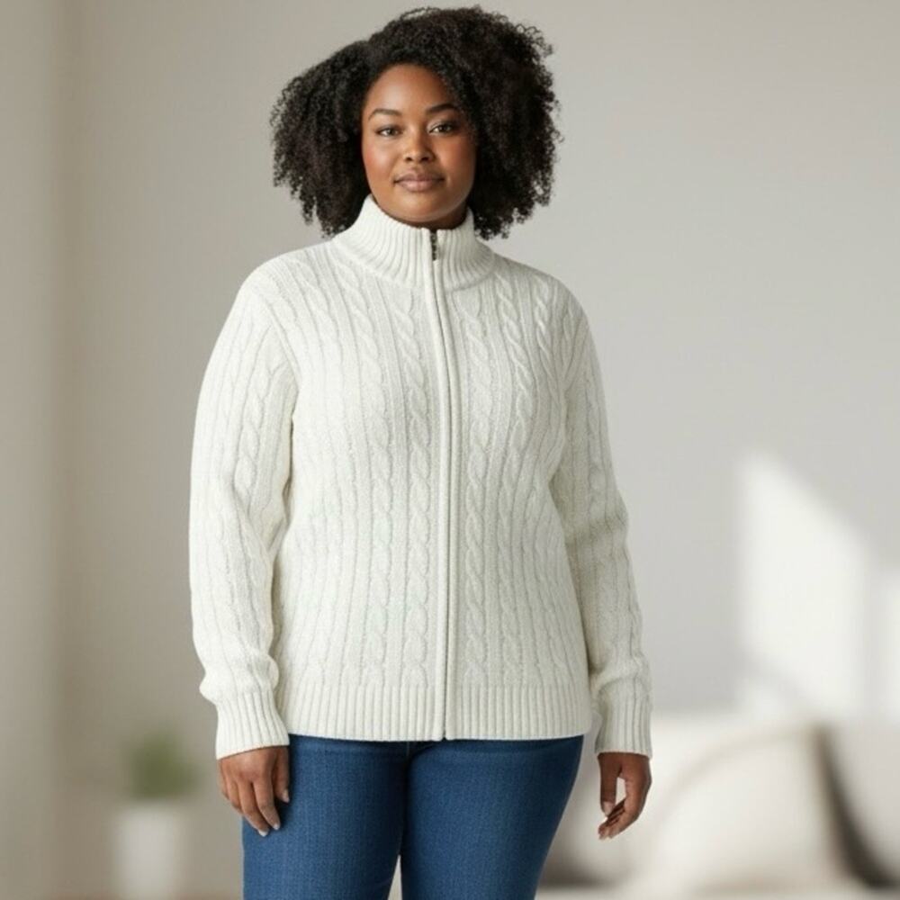 L.L.BEAN  Women's Sz XL Cotton Cable Knit Full Zipper Ivory Sweater Cardigan